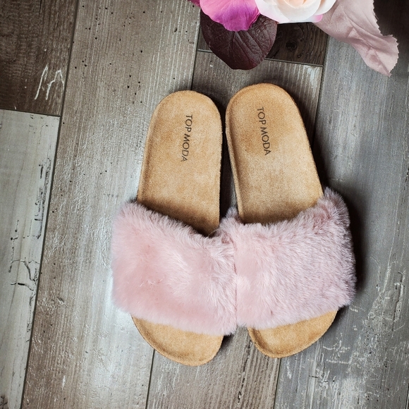Top Moda Pink Faux Fur Slip-On Slide Sandals Women's Size 8 NEW - Picture 12 of 14